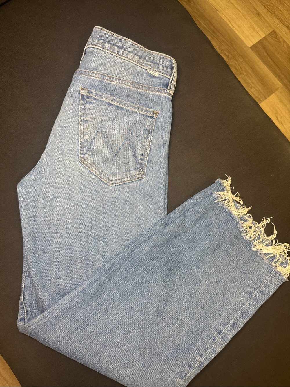 MOTHER Light Blue Straight Leg Jeans with Frayed Hem - Picture 1 of 6